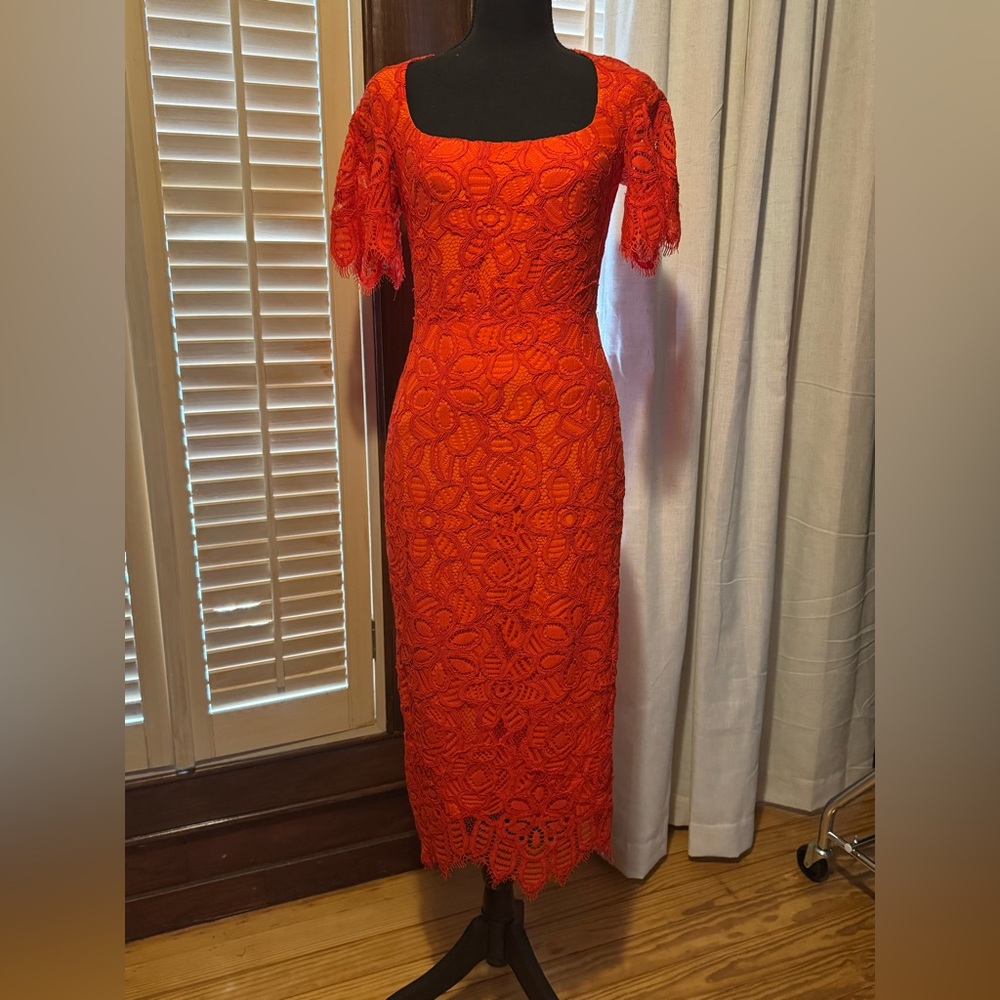 Lela Rose Dress NEW Open Neck Flutter Sleeve Lace Midi Dress New in Red